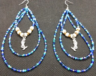 Mermaid Earrings Coconut/Glass Multi-Strand Beaded Tear-Drop dangle charm