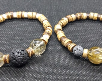 Rutilated Quartz Volcanic Lava Stone Aromatherapy Bracelet - Gold Quartz Coconut