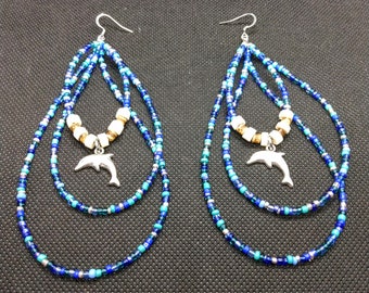 Dolphin Earrings Coconut/Glass Multi-Strand Beaded Tear-Drop dangle charm