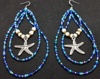 Starfish Earrings Coconut/Glass Multi-Strand Beaded Tear-Drop dangle charm