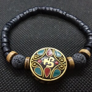 Tibetan Om Lava Stone Aromatherapy Bracelet Stone Inlay, Coconut, Handmade Circle
