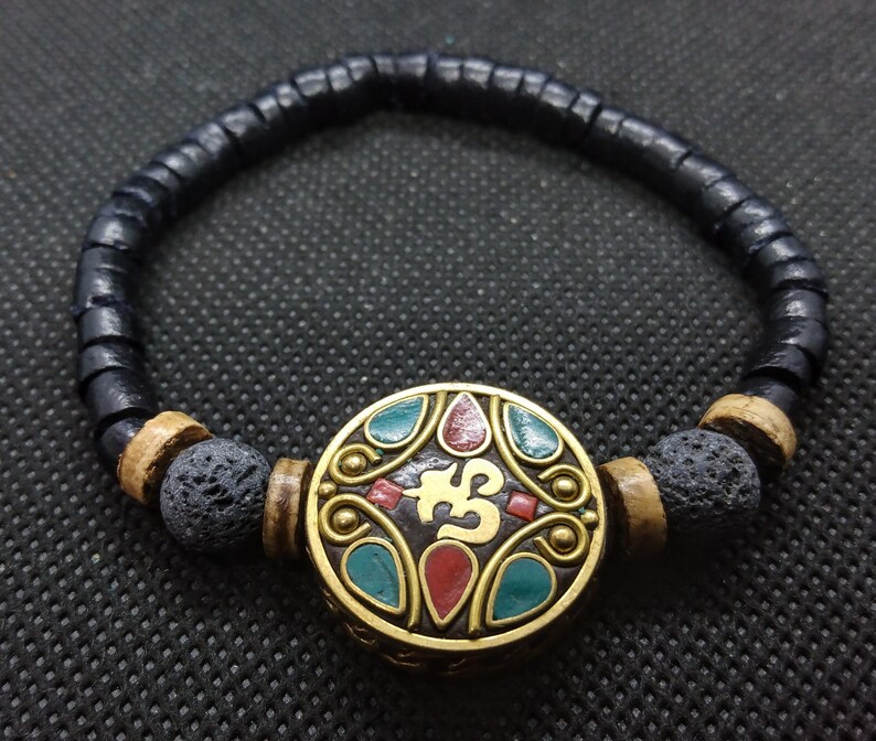 Tibetan Om Lava Stone Aromatherapy Bracelet Stone Inlay, Coconut, Handmade Circle