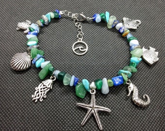 Sea Lovers Gemstone Chip Charm Ankle Bracelet - Sea Life Charm Anklet - Scuba Diver Bracelet