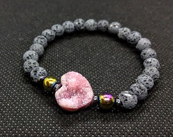 Druzy Heart Hematite Volcanic Lava Stone Aromatherapy Stretch Bracelet