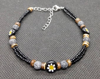 Mille Fiori, Czech Glass, Volcanic Lava Stone Double-strand beaded adjustable Anklet
