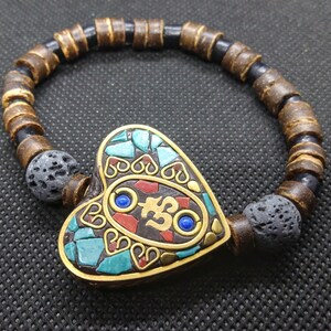 Tibetan Om Lava Stone Aromatherapy Bracelet Stone Inlay, Coconut, Handmade Heart
