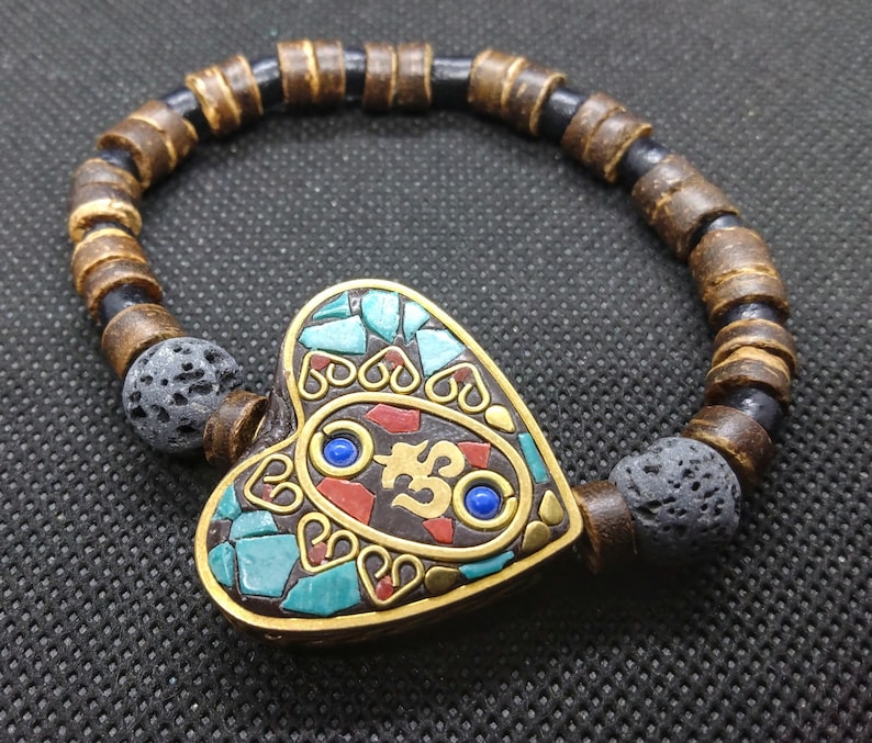 Tibetan Om Lava Stone Aromatherapy Bracelet Stone Inlay, Coconut, Handmade Heart