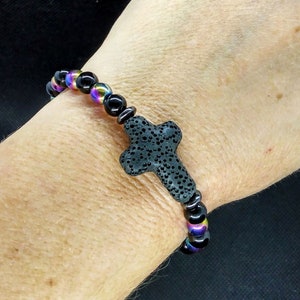 Volcanic Lava Stone Cross Onyx Hematite Aromatherapy Stretch Bracelet