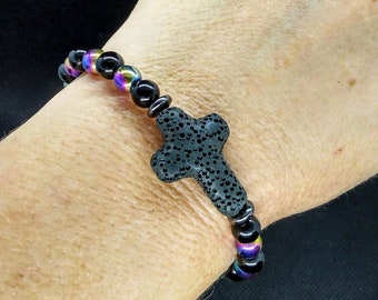 Volcanic Lava Stone Cross Onyx Hematite Aromatherapy Stretch Bracelet