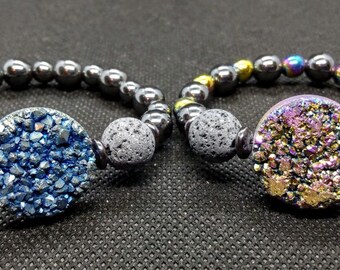 Druzy Geode Hematite Volcanic Lava Stone Aromatherapy Stretch Bracelet