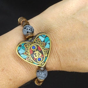 Tibetan Om Lava Stone Aromatherapy Bracelet Stone Inlay, Coconut, Handmade image 4