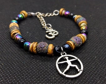 Yoga Adjustable Yoga Charm Bracelet - Warrior, Lotus, Tree, Downward Dog - Rainbow Hematite, Lava Stone, Coconut