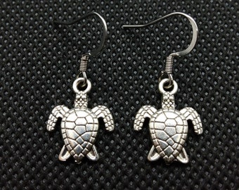 Boucles d’oreilles tortue argent tibétain, boucles d’oreilles dangle en acier inoxydable