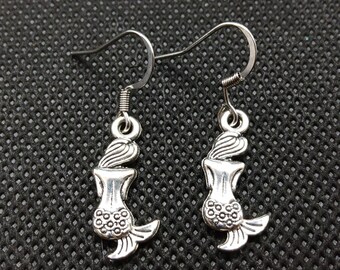 Boucles d’oreilles Sirène argent tibétain, boucles d’oreilles Dangle en acier inoxydable