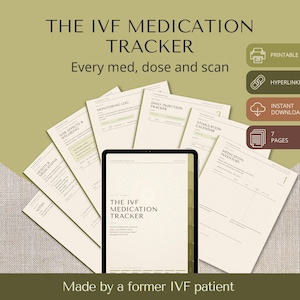 Peut inclure: Le planificateur numérique IVF Medication Tracker comprend sept pages, dont un journal de suivi, un calendrier d'injections quotidiennes, un calendrier de stimulation et un inventaire de médicaments. Le design est crème avec du texte sombre et des icônes pour les fonctions imprimables, hyperliées et de téléchargement instantané.