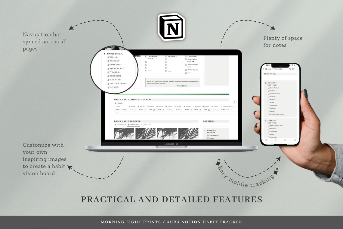 Sage Green Notion Habit Tracker Template, Notion Dashboard, ADHD