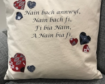 Welsh tapestry applique cushion Nain or Mam bach annwyl