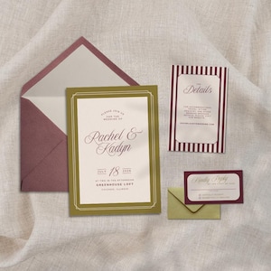 Plantilla de invitación de boda en tonos granate y verde chartreuse: Plantillas editables de Canva para descarga instantánea.