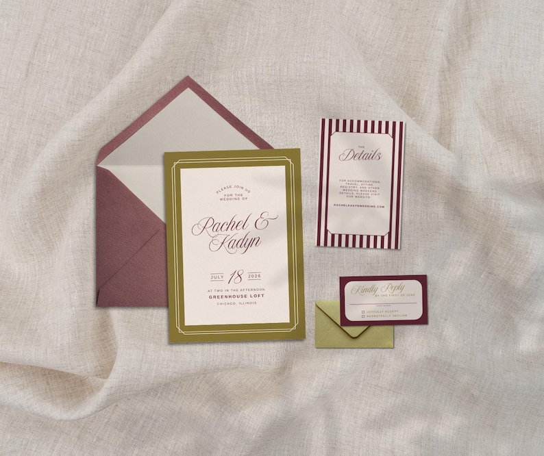 Maroon & Chartreuse Wedding Invitation Suite Template: Instant Download ...