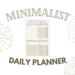 Op de afbeelding: Een minimalistische dagelijkse planner met een beige achtergrond en bruine tekst. De planner bevat secties voor "Make It Happen", "Goals" en "Solar".