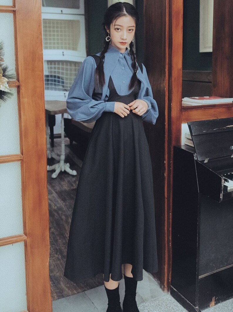 Autumn Winter Women Full Sleeve Lantern Sleeve Blouse Shirt and Black Strap Dress 2 Piece Outfits Skirt Set Mid-calf