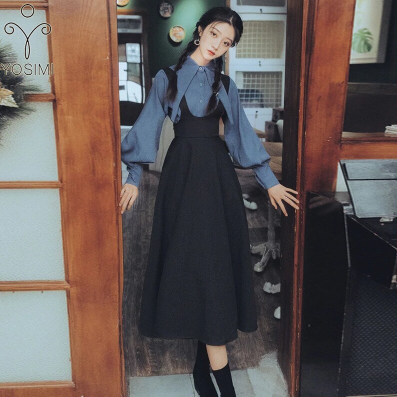 Autumn Winter Women Full Sleeve Lantern Sleeve Blouse Shirt and Black Strap Dress 2 Piece Outfits Skirt Set Mid-calf