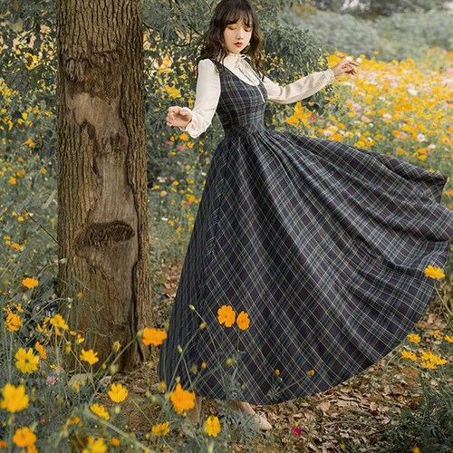 25%off Sale! Autumn Winter New Arrival Retro Stand Collar Flower Embroidery Plaid Long Sleeve Woman Long Cotton Dress