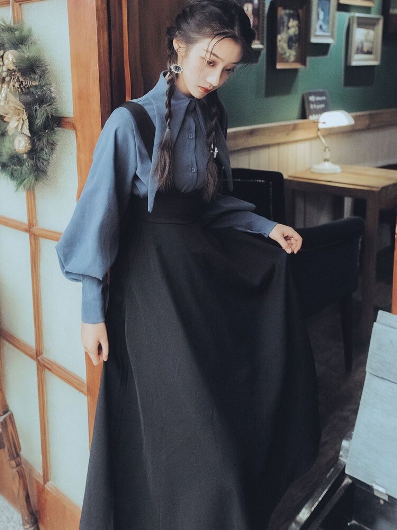 Autumn Winter Women Full Sleeve Lantern Sleeve Blouse Shirt and Black Strap Dress 2 Piece Outfits Skirt Set Mid-calf