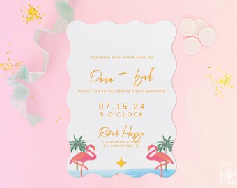 Tropical wedding invitations palm leaf wedding invitations palm tree wedding invitations pink flamingo wedding invitations tropical modern