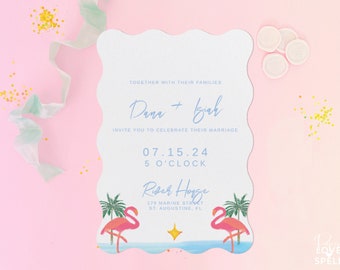 Tropical wedding invitations palm leaf wedding invitations palm tree wedding invitations pink flamingo wedding invitations tropical modern