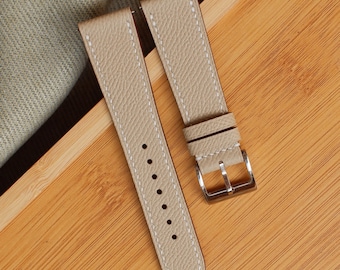 Correa de reloj de cuero francés Epsom color beige - Hecha y cosida a mano