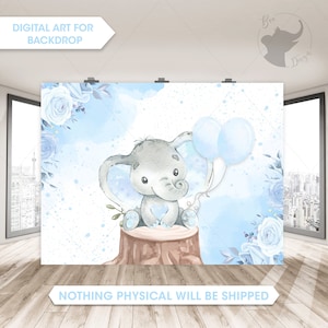 Elephant Blue Boy Backdrop, Watercolor Blue Elephant Baby Shower Banner Baby Boy Elephant Blue