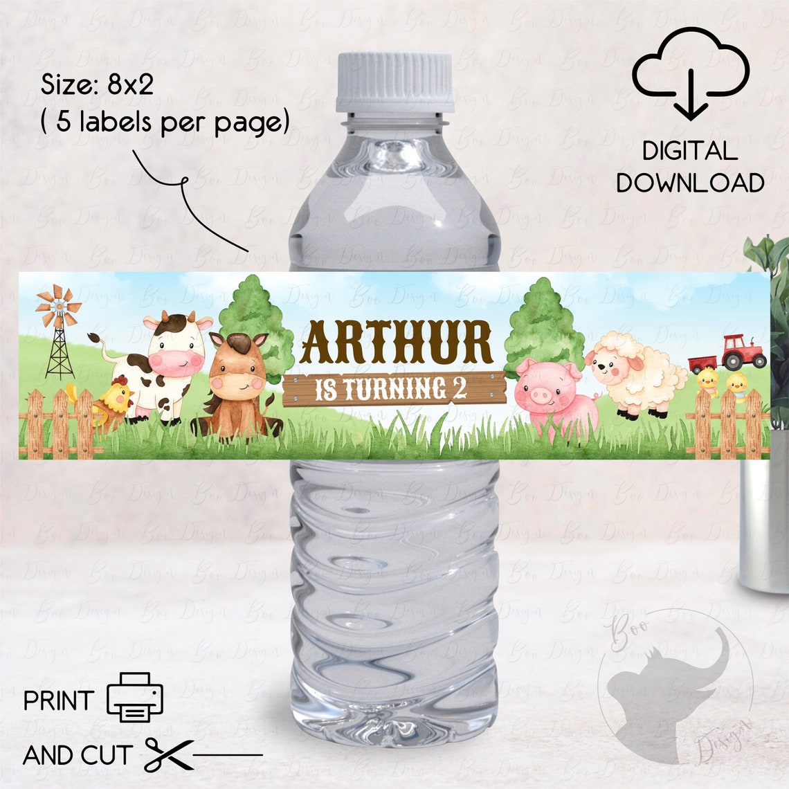 Farm Birthday Water Bottle Labels, Barn Animals Party Water Bottle