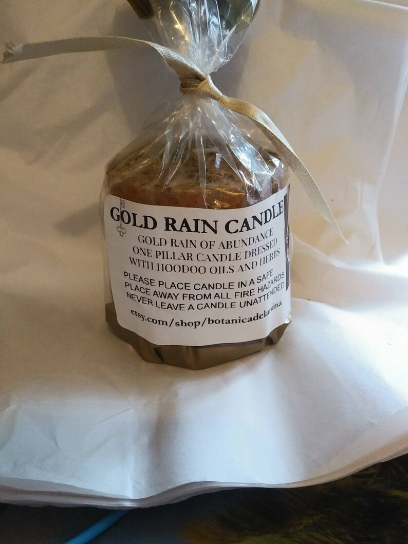 Gold rain candle abundance prosperity fixed spell pillar Etsy