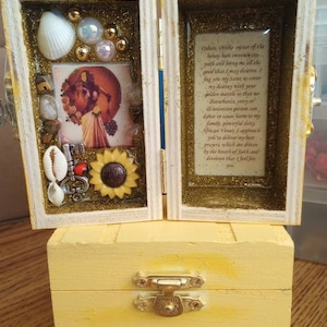 Oshun Ochun Orisha keepsake money amulet box resin 7 potencias Gold Oro Santeria Yoruba incense oil & prayer Shango Elegua Yemaya Ogun