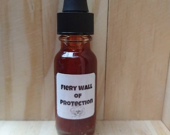 May include: A small, clear glass bottle with a black dropper top. The bottle is filled with a red liquid and has a white label that reads "Fiery Wall of Protection".