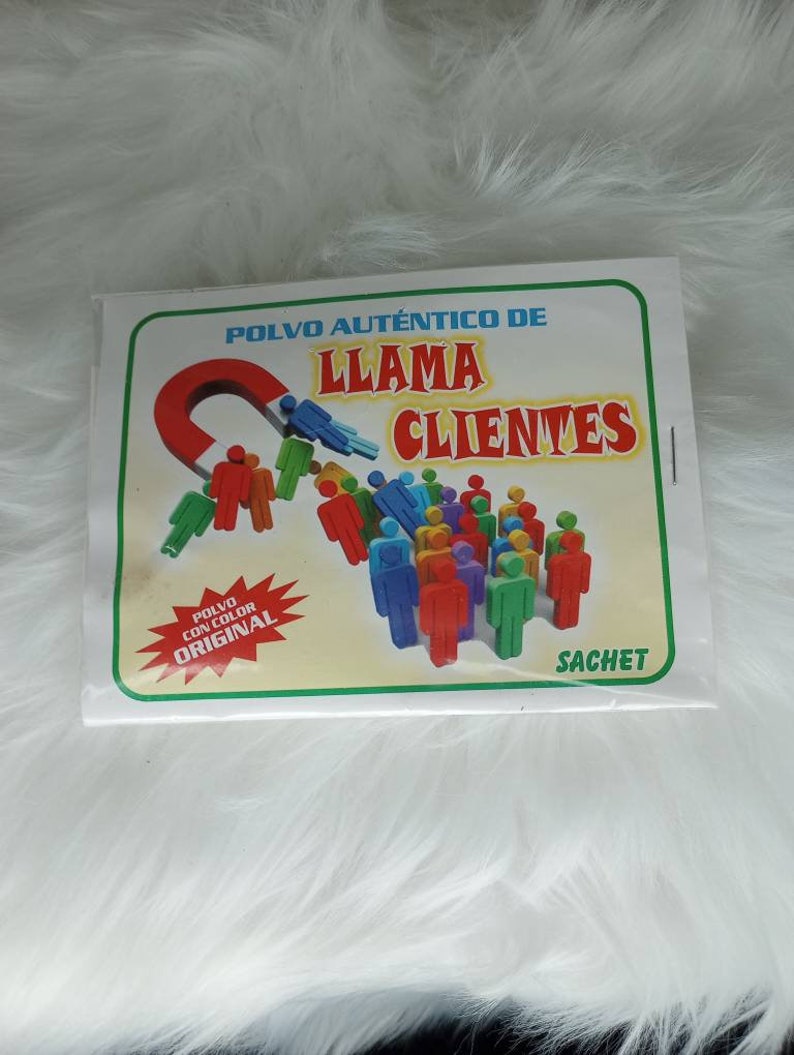 May include: A white box with a green border and the text "Polvo Aut&eacute;ntico de Llama Clientes" in red and black. The box features a red magnet attracting a group of colorful stick figures. The box also has a red starburst with the text "Polvo con color Original" and the word "Sachet" in the bottom right corner.