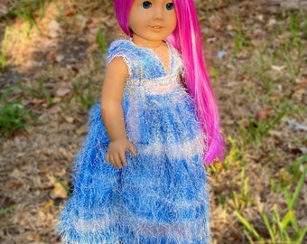 Handmade fringe blue and white top and skirt with matching purse handmade to fit 18” dolls like American Girl