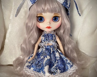 Blue floral bunny outfit handmade clothes made to fit fashion dolls like Neo Blythe ~ 3-piece outfit