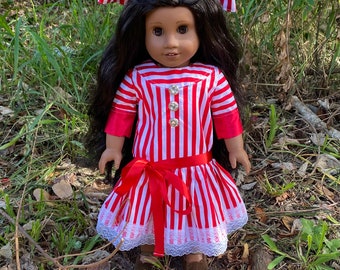 Holiday Candy cane striped 1920’s drop waist dress, sash and hair bow made to fit 18” dolls like American girl Claudie~ Christmas outfit