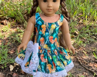 Jellyfish print drop waist dress made to fit 18” dolls like American girl Kanani, Nanea, Maryellen, etc.