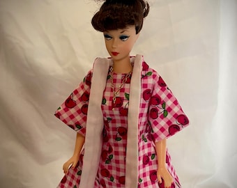 1960’s style cherry dress, coat and necklace made to fit vintage fashion dolls like Barbie , Bild Lilli, etc.