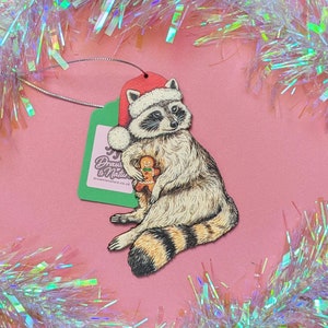 Raccoon Tree Decoration - Christmas Wooden Ornament - Xmas Keepsake - Funny Animal Lover Gift - Festive Watercolour Art - Alt Traditional