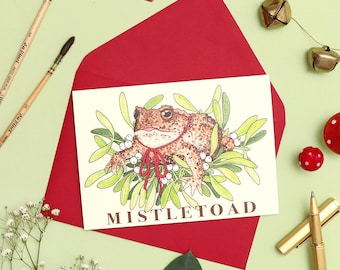 Mistletoad Christmas Card: Funny Watercolor Frog Festive Pun
