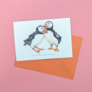 Carte d'amour macareux - oiseaux d'amour - carte de Saint Valentin - la vie serait macareux sans vous - jolie carte d'anniversaire - carte de Saint Valentin - anniversaire