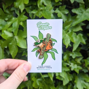 May include: A gold-coloured enamel pin depicting a green and orange tiger-legged monkey frog sitting on a branch. The pin is displayed on a white card with the text "Drawn to Nature" and "Tiger-legged Monkey Frog @drawntnature_" printed on it.