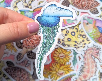 Pegatina de medusas carabela portuguesa en acuarela: Decoración marina y oceánica