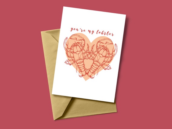 Lobster Card - You're My Lobster - Valentines - Illustrated Shellfish - Love Card - Shrimp Blank Card - Humorous Pun Card - Eco Recycled