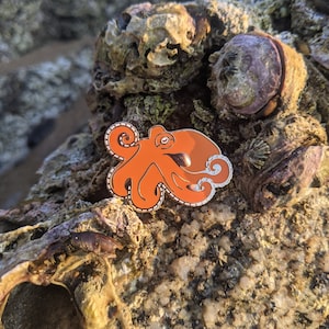 Puede incluir: Pin de pulpo naranja con un diseño detallado, descansando sobre una superficie rocosa.