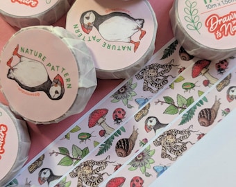 Cute Nature Washi Tape - Kawaii Planner Tapes - Cute Pattern Washi Tape - Kawaii Stationery - Decorative Tapes - Octopus Mushroom Flowers